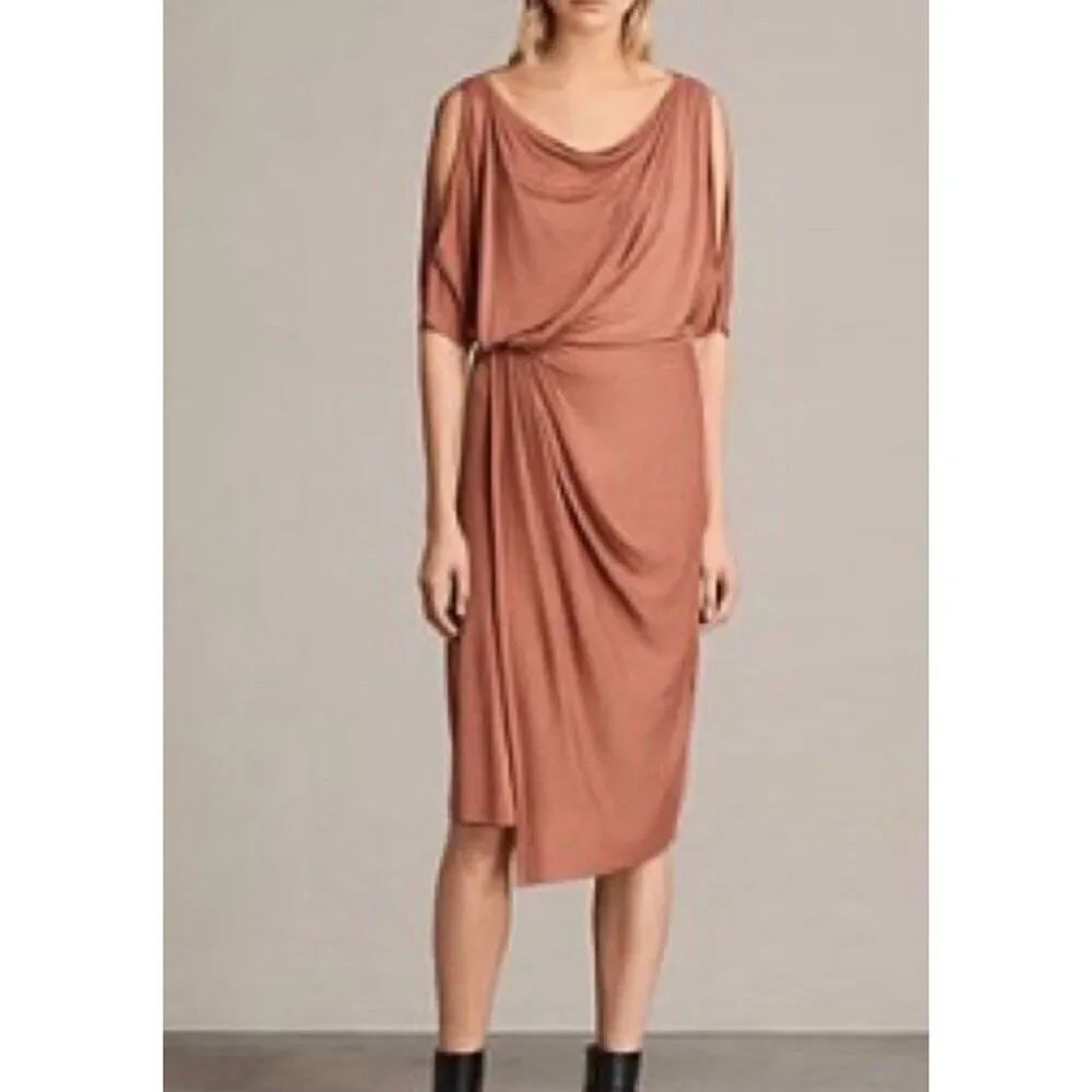 Allsaints Sina Rust Russet Short Cold Shoulder Knee Length Dress Medium